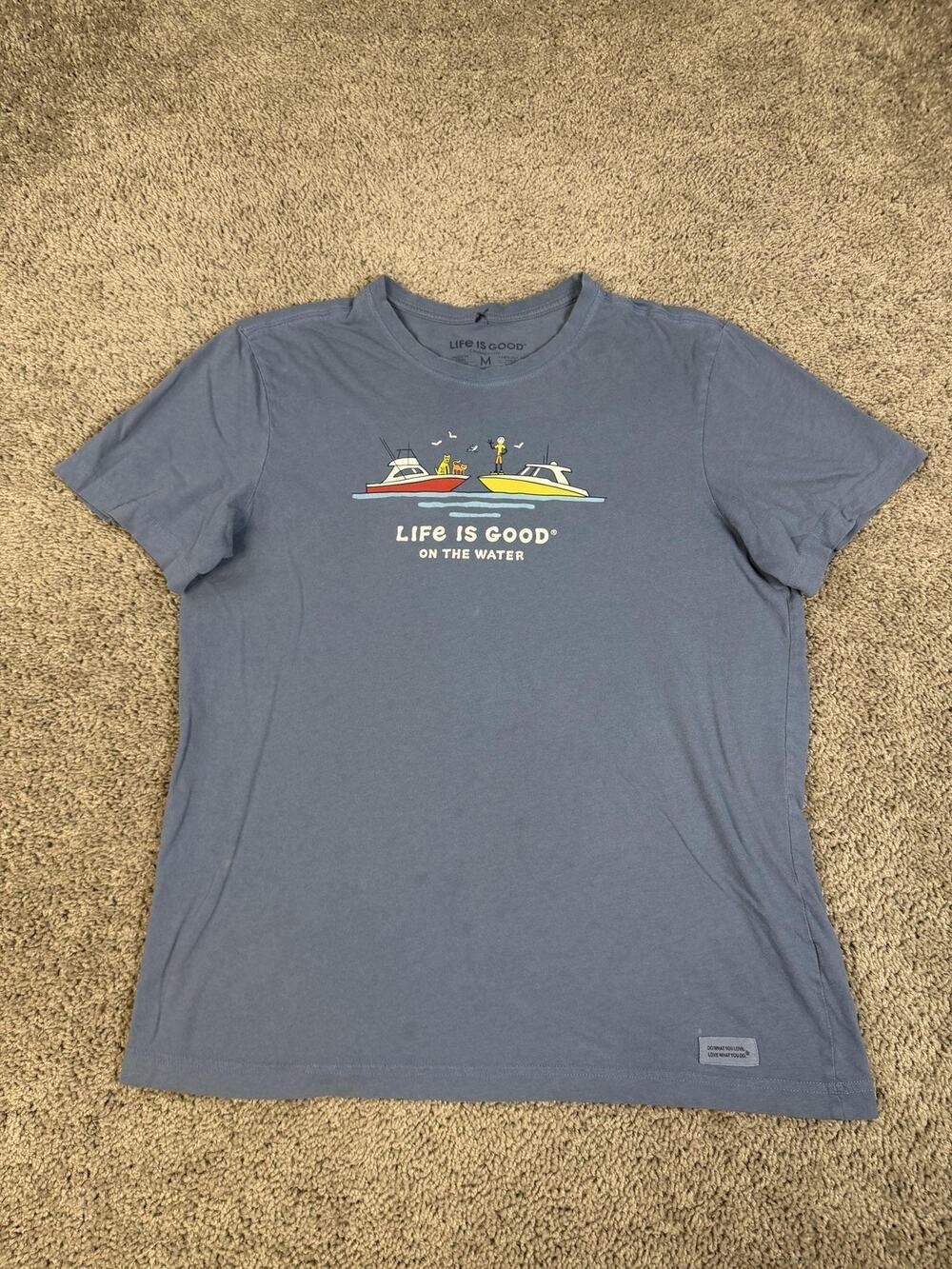 Life Is Good Shirt Mens M Blue On The Water Boat Graphic Crew Neck Tagless